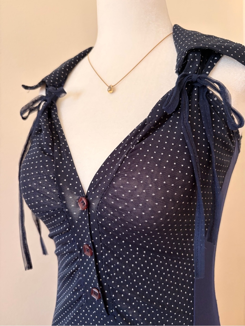 Vintage Polka Dot Chiffon Dress with Drop Waist and Button Detail - Picture 4 of 7